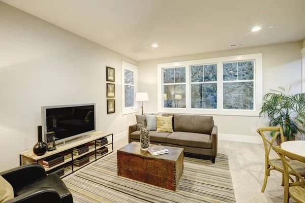 Family room interior with gray sofa and trunk coffee table — Stock Photo, Image