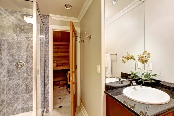 Lujoso baño de diseño interior con sauna — Foto de Stock