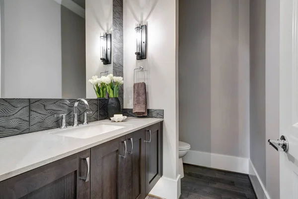 Witte en bruine badkamer beschikt over een hoekje gevuld met taupe ijdelheid — Stockfoto