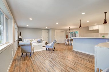 Oturma odası yumuşak mavi ve gri renklerde havadar ışık dolu