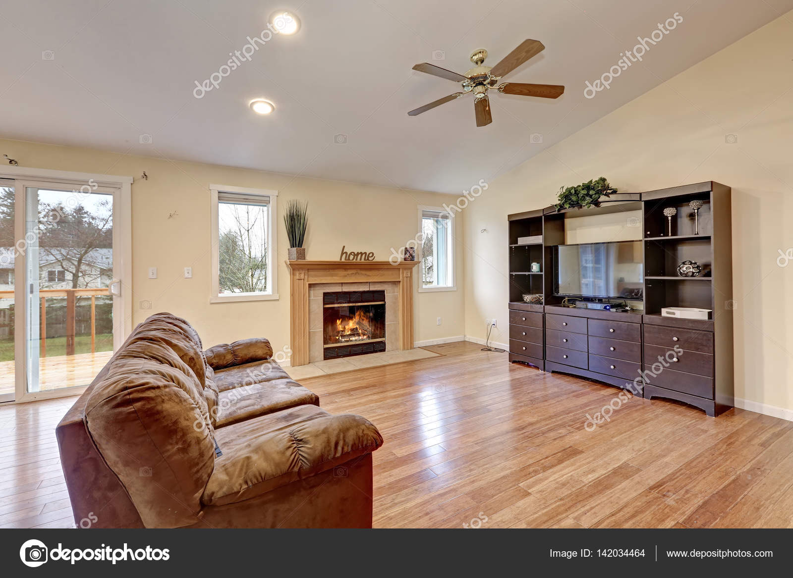 Spacious Living Room With Tall Ceiling Stock Photo