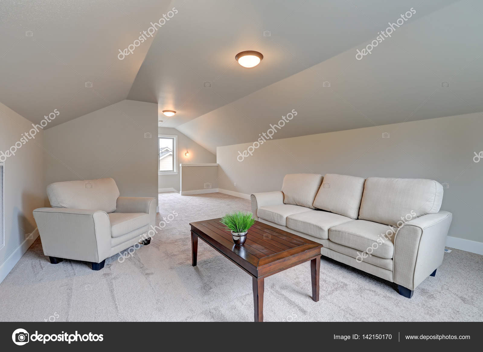 Vaulted Ceiling Family Room Interior With Grey Paint Color