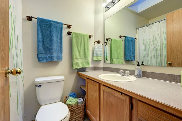 Rancangan kamar mandi kompak ringan menampilkan lemari kemewahan dan toilet — Stok Foto
