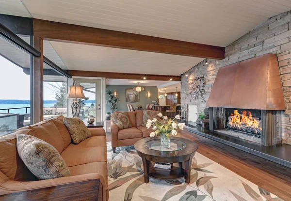 Beautiful panorama house interior, great/family room — Stock Photo, Image