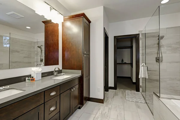 Wnętrze główna łazienka z podwójną umywalką marność — Zdjęcie stockowe