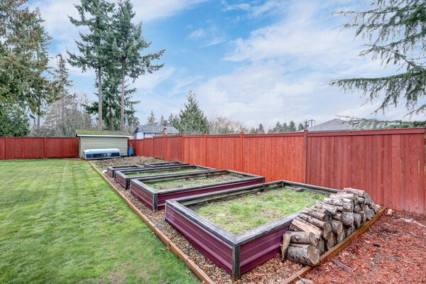Fenced backyard with green grass and raised beds
