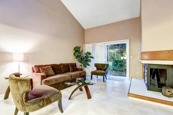 Family room in brown tones with high vaulted ceiling — Stock Photo, Image