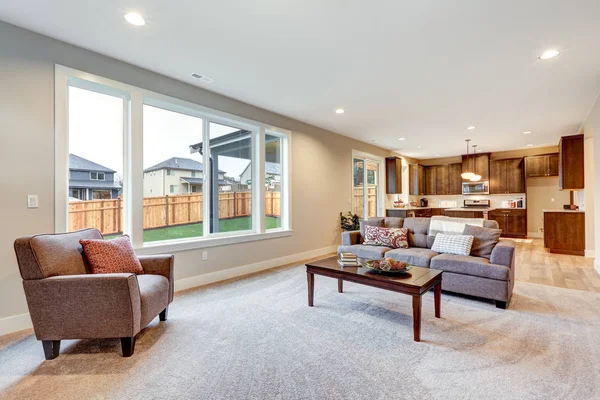 Ljus fylld vardagsrum möblerat med grått linne soffa — Stockfoto