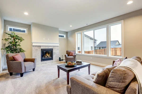 Ljus fylld vardagsrum möblerat med grått linne möbler — Stockfoto