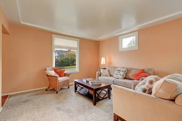 Aconchegante sala de estar interior com paredes de pêssego — Fotografia de Stock