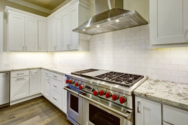 Large, spacious kitchen design with white kitchen cabinets — Stock Photo, Image