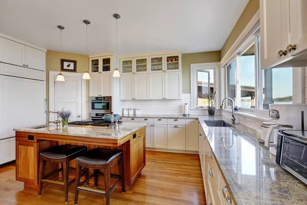 Удивительная белая кухня с чисто белыми кухонными шкафами — стоковое фото