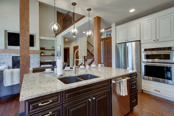 Lemari Putih Dan Coklat Mewah Interior Dapur Besar Dengan Rincian — Stok Foto