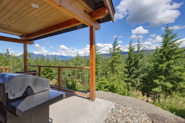 Increíble Patio Con Balcón Con Chimenea Vista Bosque Las Montañas —  Fotos de Stock