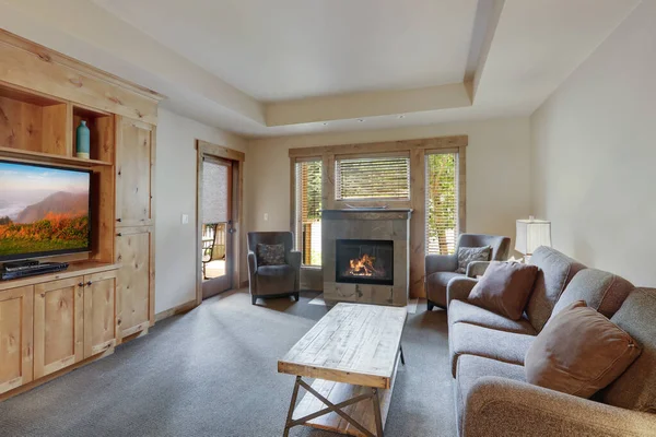 客厅小公寓式室内装饰 配有壁炉 天然木家具和褐色舒适沙发 配有灰色地毯和米黄色墙壁 — 图库照片