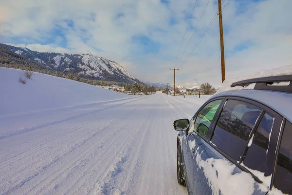 Hiver Petite Ville Américaine Couverte Neige Dans Les Montagnes Près — Photo