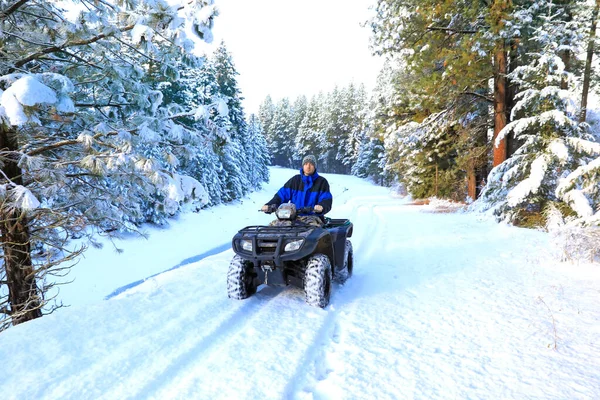 Man Riding Snowmobile Fourwheeler Country Side Trail Water Canal — Stock Photo, Image