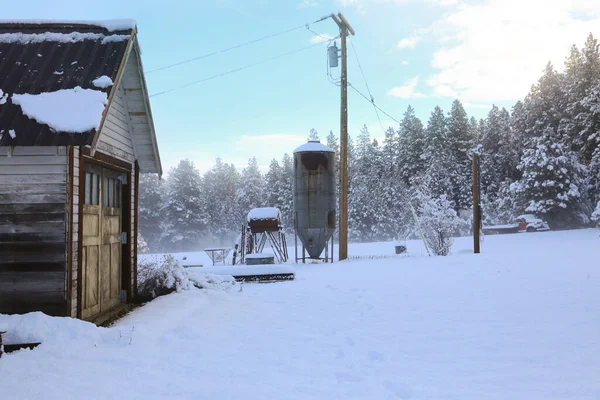 Inverno Paisagem Americana Velha Lado País Com Casas Rústicas Carros — Fotografia de Stock