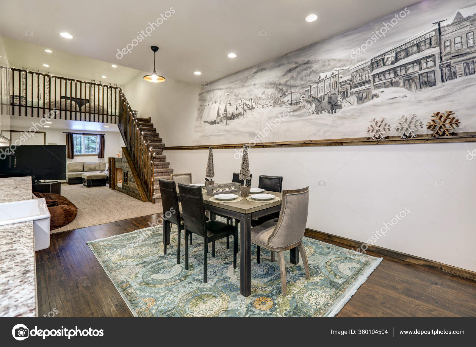 Comedor Con Mural Rústico Del Antiguo Pueblo Cocina Moderna Gabinetes —  Foto de stock #360104504 © iriana88w, image size:1600x1166
