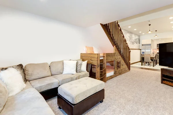 Living Room Interior Beige Sofa Natural Touches Custom Build Wooden — Stock Photo, Image