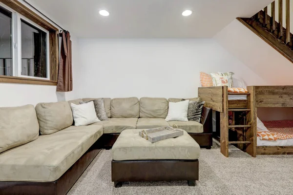 Living Room Interior Beige Sofa Natural Touches Custom Build Wooden — Stock Photo, Image