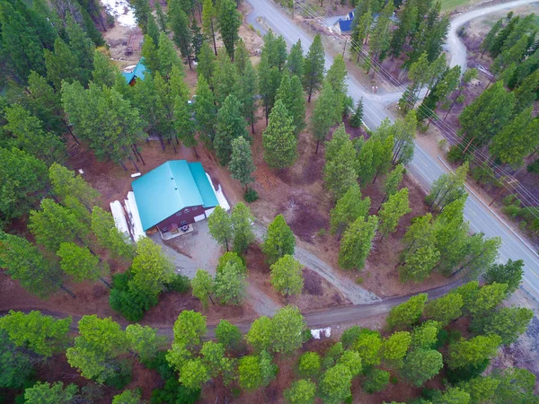 Foto Udara Properti Hutan Besar Dengan Bangunan Rumah Beratap Hijau — Stok Foto