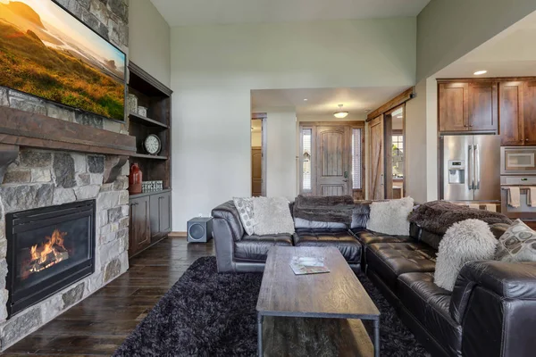 豪华舒适的客厅 室内用灰色的石头 富饶的木头 — 图库照片