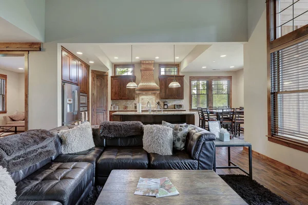 Luxury Cozy Living Room Interior Grey Stone Rich Wood Fuzzy — Stock Photo, Image