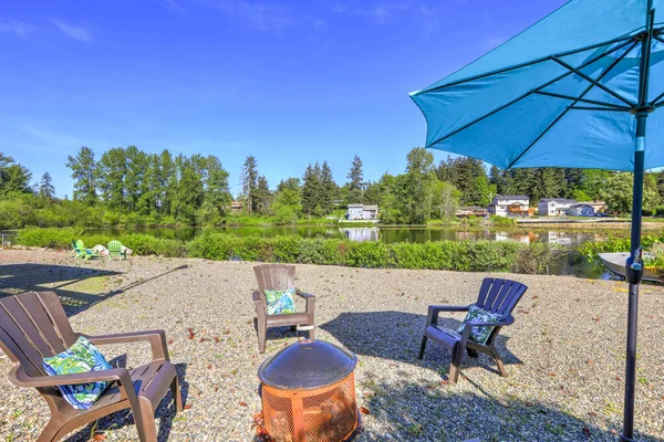 Lake front property with gravel ground cover and blue sun beach umbrella and three brown plastic chairs.