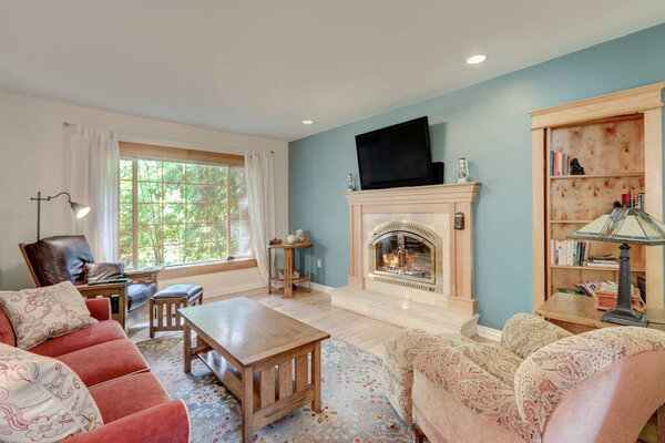 Casual simple living room with fireplace, blue wall, red sofa with TV and book shelf.