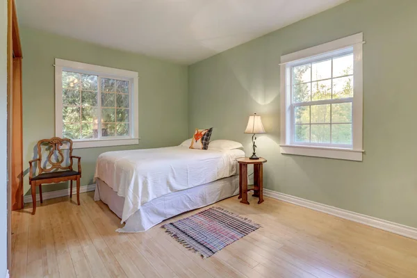 Light Green Walls Bedroom Interior Two Windows Light Hardwood Floor — Stock Photo, Image