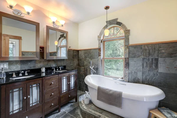 Bathroom Interior Grey Tiles Free Standing White Tub Dark Wood — Stock Photo, Image