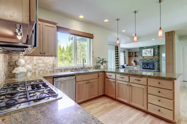 Clásico Acogedor Interior Cocina Brillante Con Gabinetes Madera Encimeras Granito — Foto de Stock