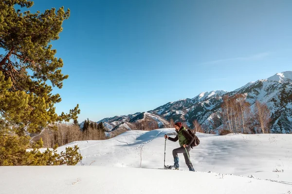 Traveler in the mountains walk on snowshoes. Winter mountain tourism. Kazakhstan — Stock Photo, Image
