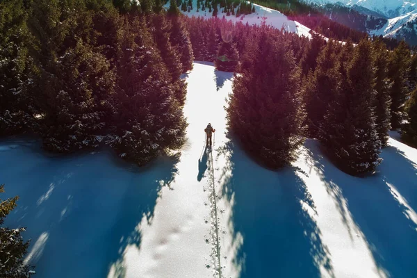 Un joven viaja en las montañas nevadas en invierno en esquís — Foto de Stock