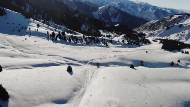 Motocyklista Jeździ Zimą Wysoko Górach Motocykl Ledwo Wspina Się Śniegu — Wideo stockowe