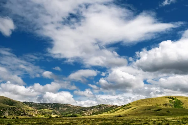 Tradycyjny Krajobraz Azji Środkowej Stepy Iglaste Leśne Wzgórza Piękne Chmury — Zdjęcie stockowe