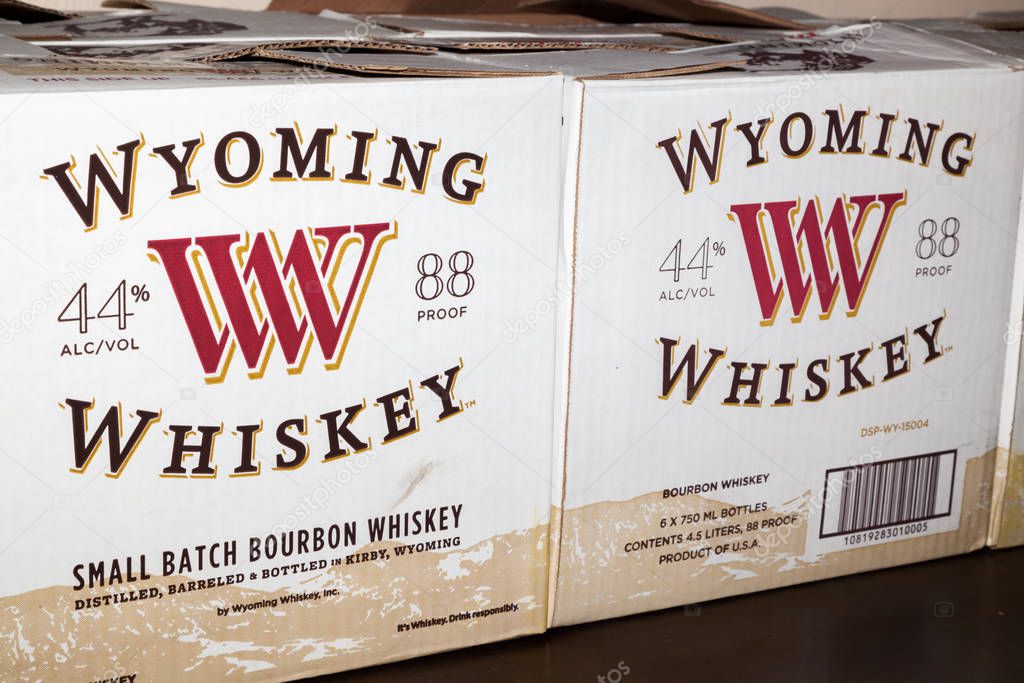 KIRBY, WYOMING - July 7, 2014: Boxes of Wyoming Whiskey's small batch bourbon sitting in a row at the warehouse in Kirby, Wyoming on July 7, 2014.
