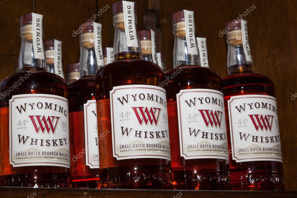 KIRBY, WYOMING - July 7, 2014: Bottles of Wyoming Whiskey's small batch bourbon sitting in a row at the gift shop in Kirby, Wyoming on July 7, 2014.