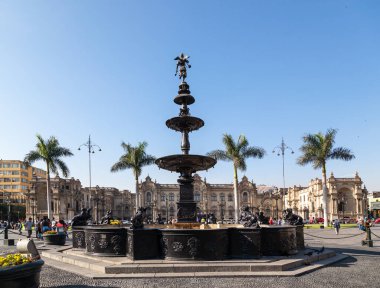 LIMA / PERU - May 10 2016: Beautiful park and architecture in the Plaza de Armas in Lima, Also Known as the Plaza Mayor in Lima ,Peru.