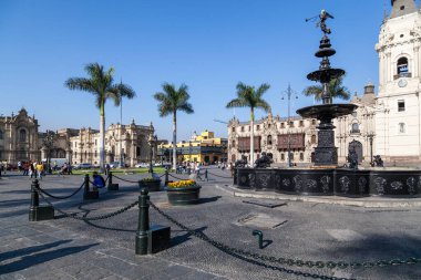 LIMA / PERU - May 10 2016: Beautiful park and architecture in the Plaza de Armas in Lima, Also Known as the Plaza Mayor in Lima ,Peru.