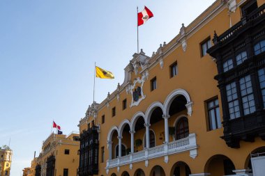 LIMA / PERU - May 10 2016: The front of the Municipal building in the Plaza Mayor de Armas in Lima, Peru.