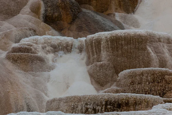 マンモス温泉のトラバーチンテラスでは 水が流れている地域の細菌の明るい色と ワイオミング州イエローストーン国立公園で乾燥している地域の白と黒の表面があります — ストック写真
