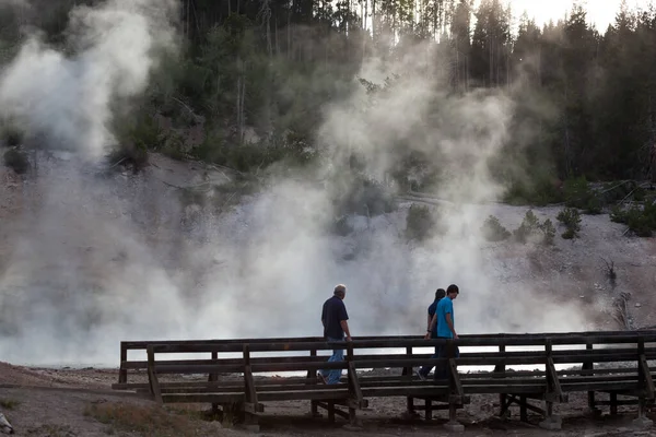 Parque Nacional Yellowstone Julio 2014 Turistas Paseo Marítimo Mirando Bisonte — Foto de Stock