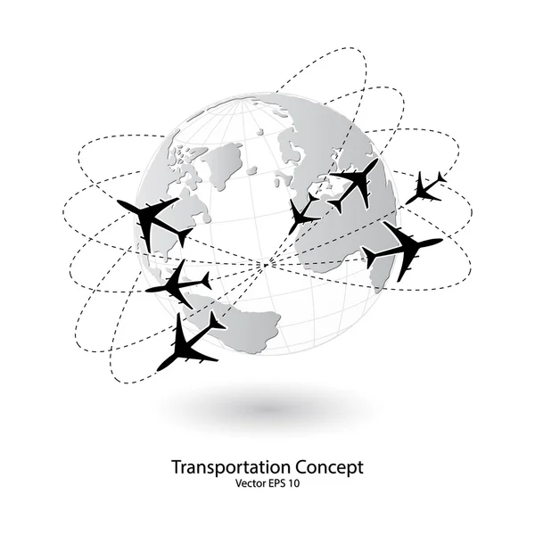 Concepto de avión, envío de naves aéreas alrededor del mundo para el concepto de transporte, ilustración vectorial EPS 10 . — Archivo Imágenes Vectoriales