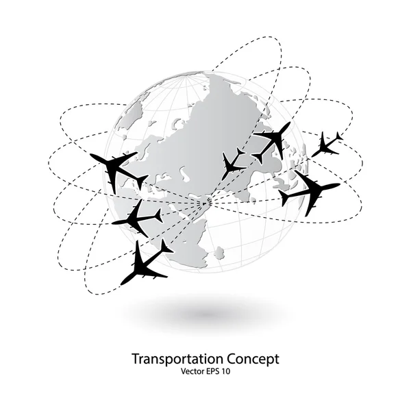 Concepto de avión, envío de naves aéreas alrededor del mundo para el concepto de transporte, ilustración vectorial EPS 10 . — Archivo Imágenes Vectoriales