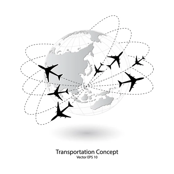 Concetto di aeroplano, Trasporto aereo in tutto il mondo per concetto di trasporto, illustrazione vettoriale EPS 10 . — Vettoriale Stock