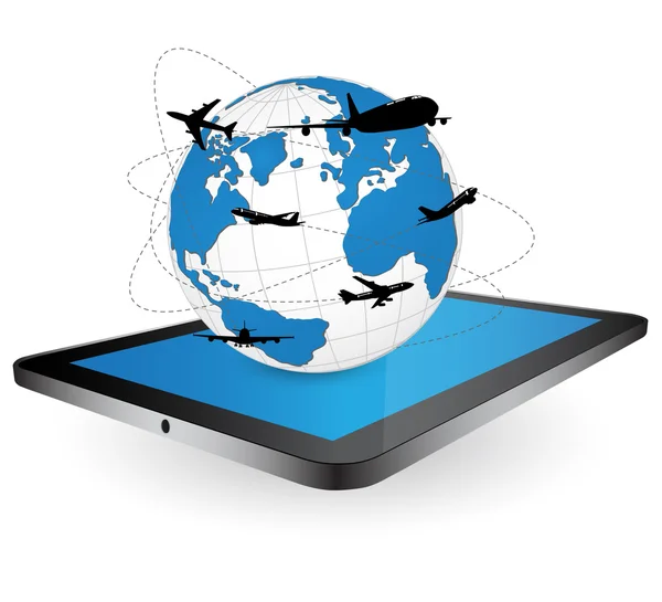 Vliegtuig rond de wereldbol op tablet scherm voor transport concept, vector illustratie EPS 10. — Stockvector