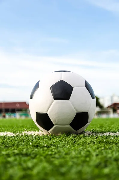 Soccer ball on the green grass of Soccer field. — Stock Photo, Image