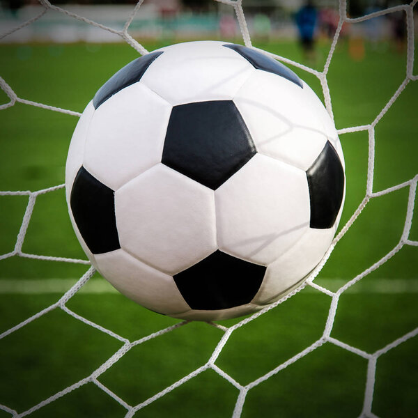 Soccer football in Goal net with green grass field.